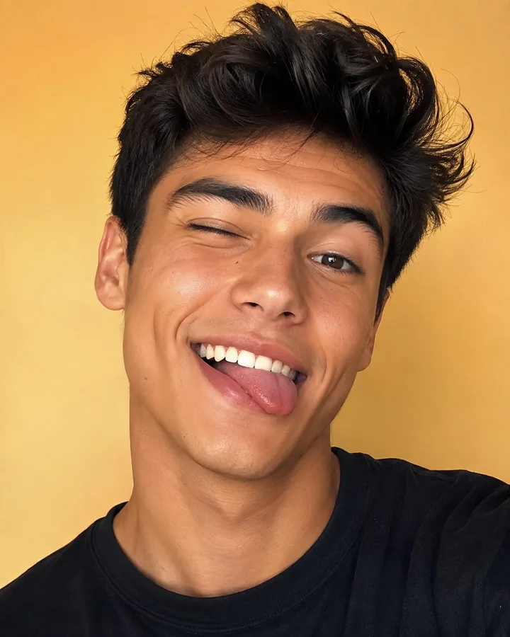 A young man mimicking a playful emoji expression.